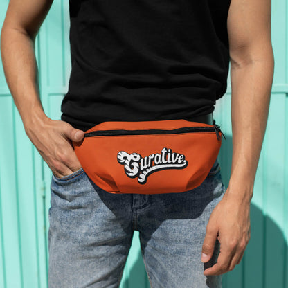 Man wearing orange custom promotional fanny pack bags by curative printing