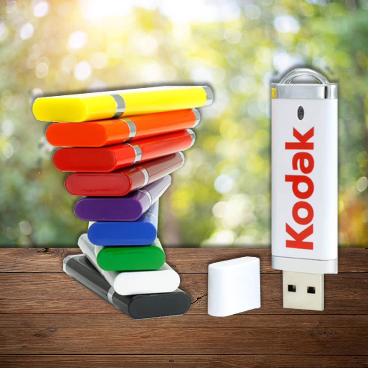 Colorful stack of company logo'd USB flash drive promotional technology by curative printing