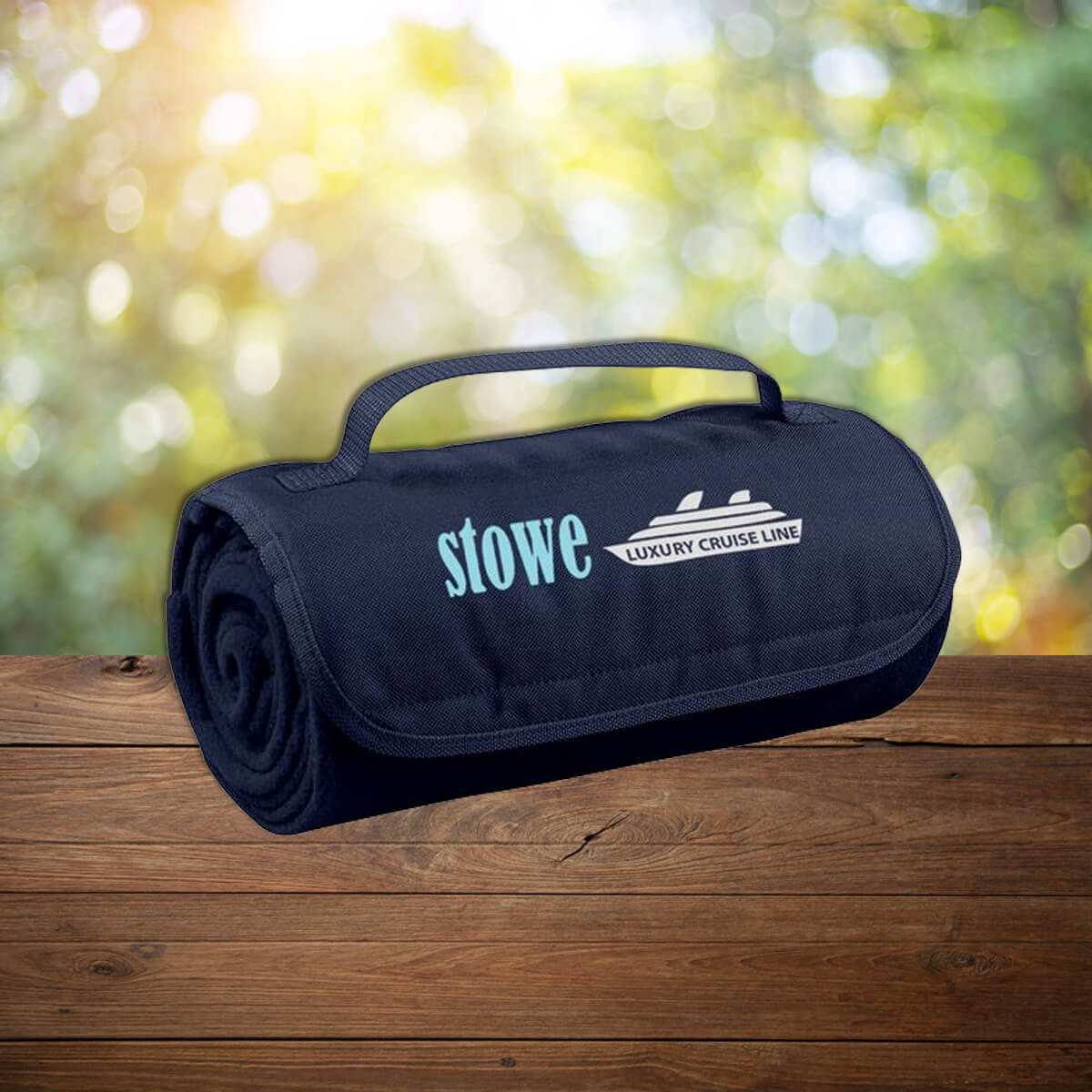Navy with white imprint custom promotional roll-up blankets by curative printing
