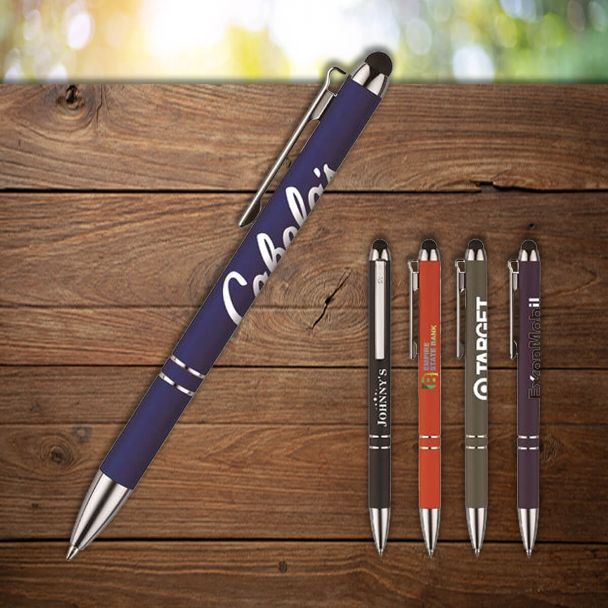 Variety of color and imprints shown custom stylus pens promotional writing implements by curative printing