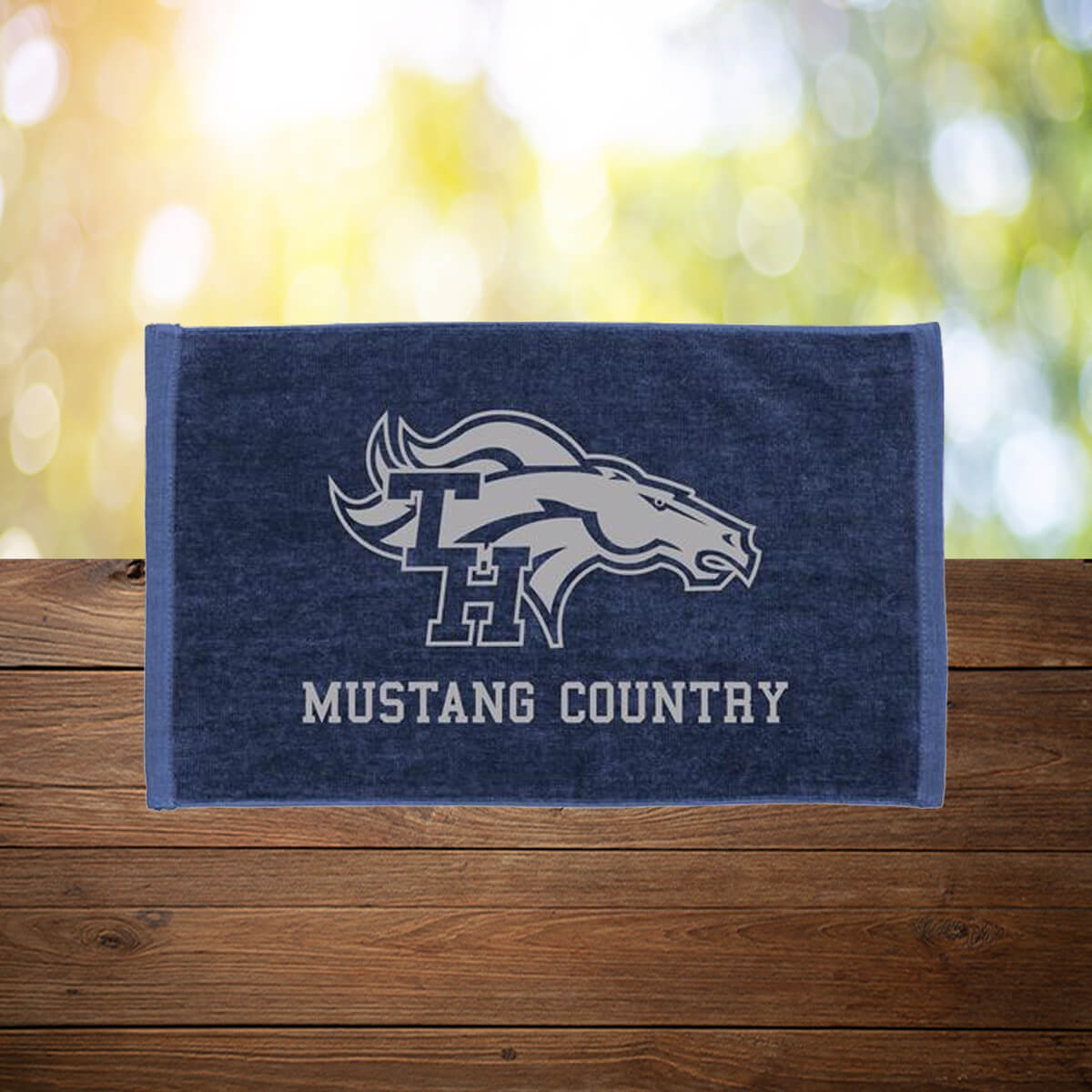 Mustang team navy with grey logo imprint sports towel promotional towels by curative printing
