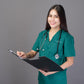 Female medical professional in green custom branded scrub apparel promotional wellness & safety by curative printing