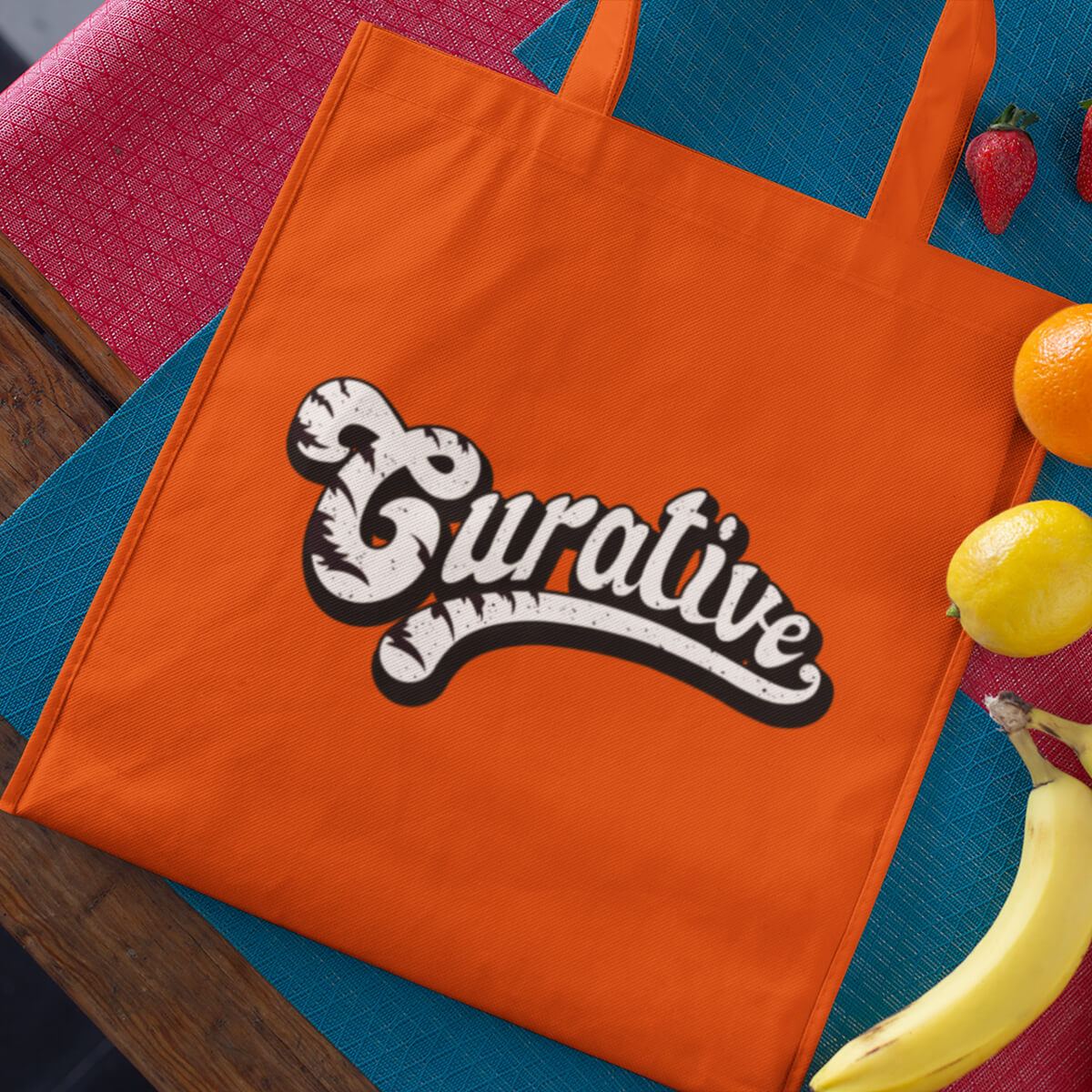 Orange with logo imprint custom promotional tote bags by curative printing