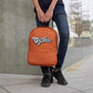 Woman standing with custom promotional backpack bag by curative printing