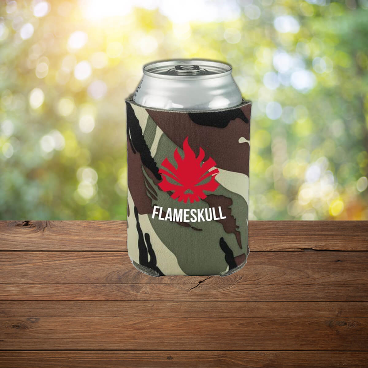Camo can cooler custom promotional drinkware by curative printing