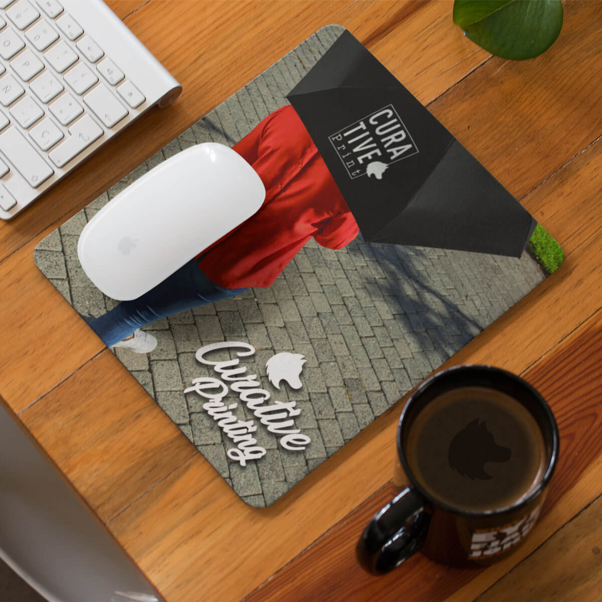 Computer desk with coffee and photo branded mouse pad promotional technology by curative printing