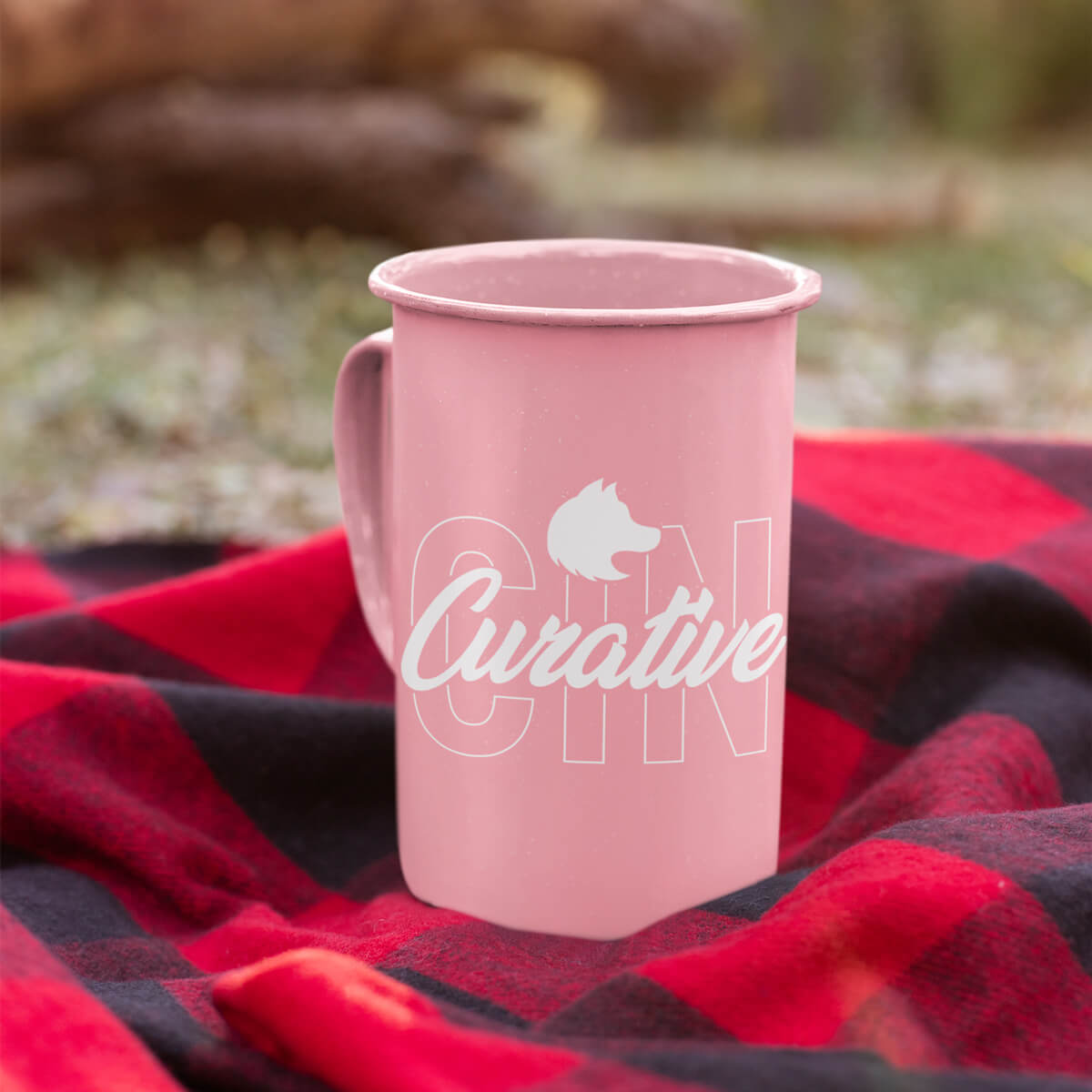 Camping with pink enamel mugs custom promotional drinkware by curative printing