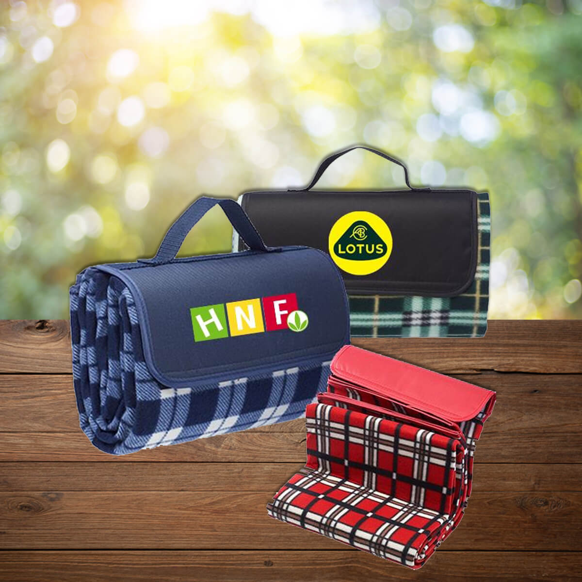 Plaid options red, blue or green custom promotional roll-up blankets by curative printing