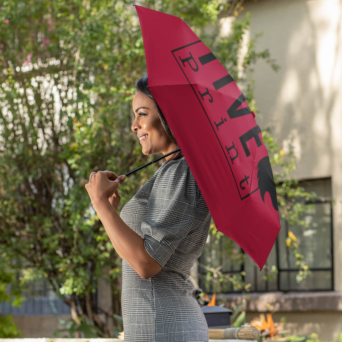 Business woman holding red folding umbrella promotional umbrellas by curative printing