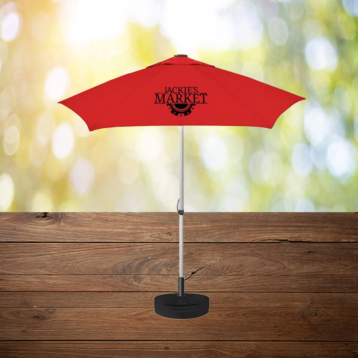 Red with logo imprint market patio umbrella promotional umbrellas by curative printing