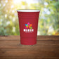 Drinking from red plastic cup custom promotional drinkware by curative printing