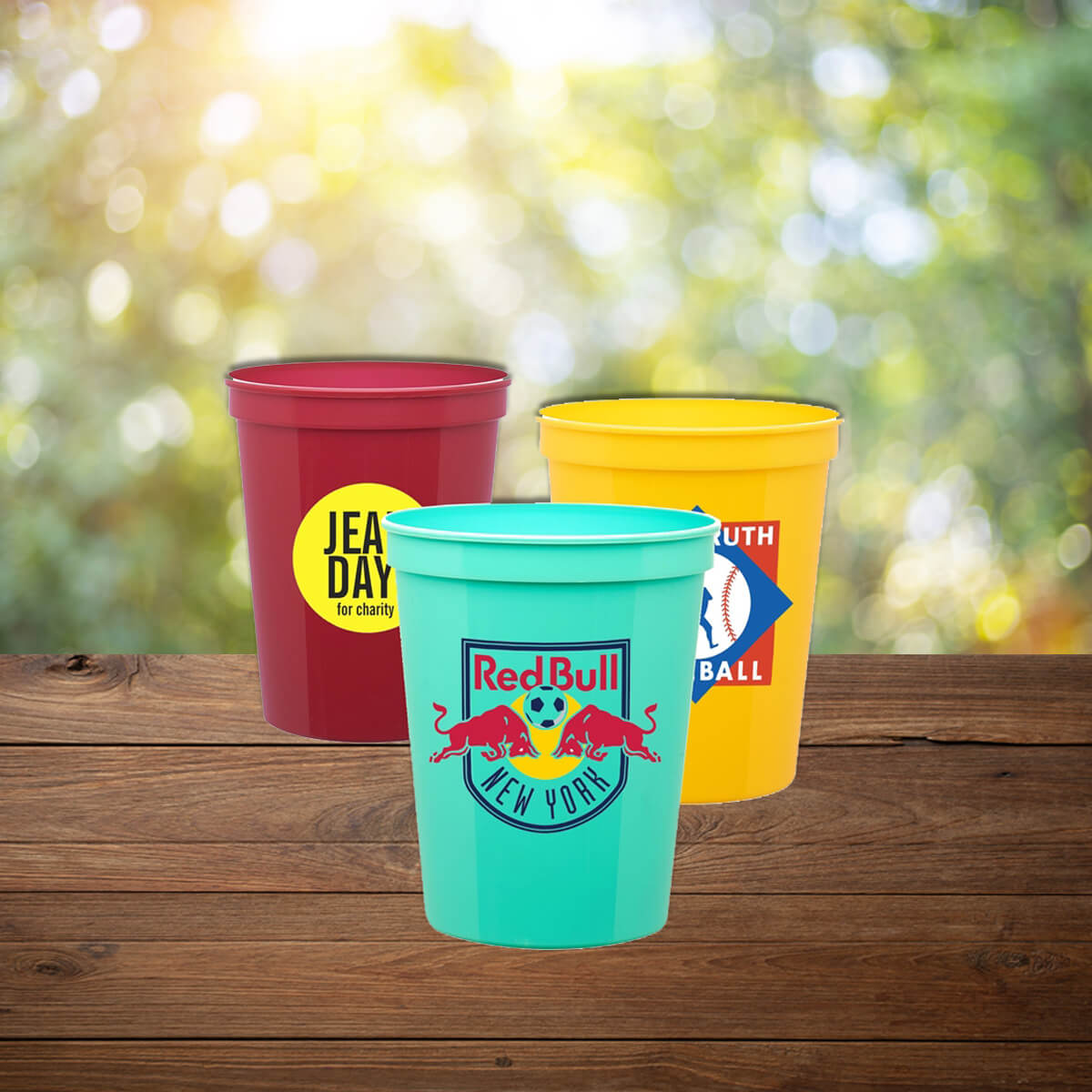 Red, yellow and mint imprinted plastic cups custom promotional drinkware by curative printing