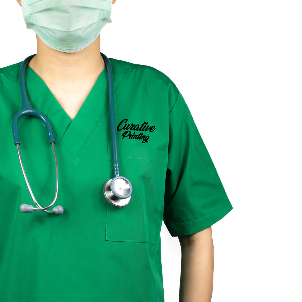 Doctor in green custom branded scrub apparel promotional wellness & safety by curative printing