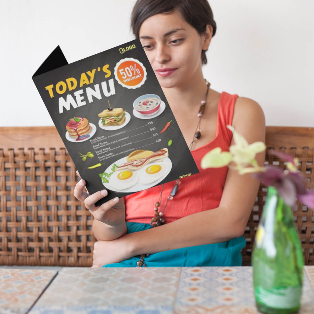 Woman holding restaurant menu paper print by Curative Printing