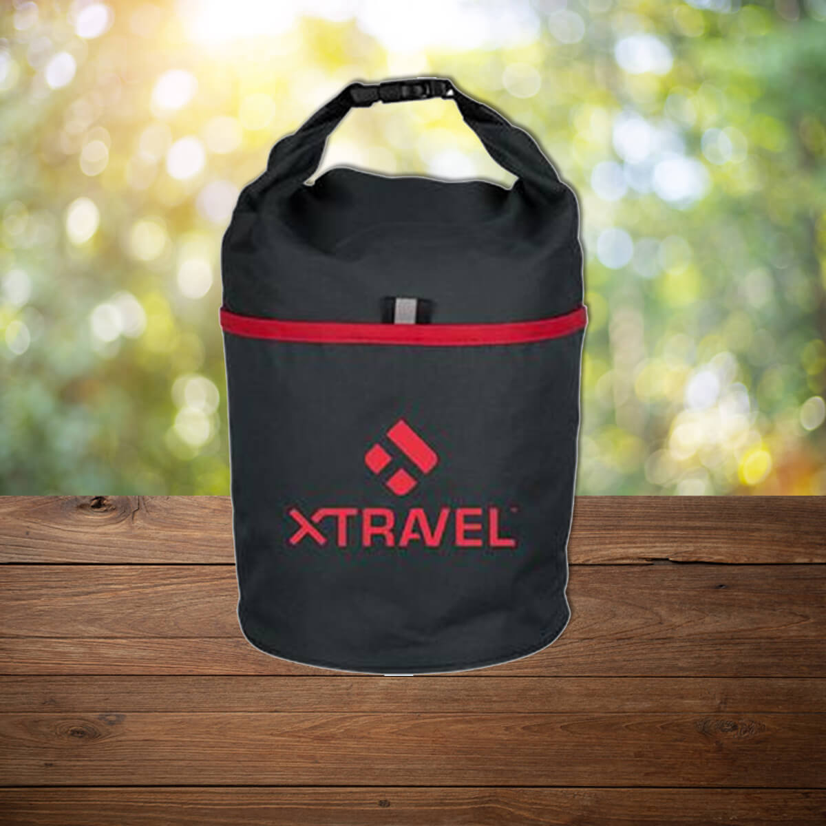 Round black with red imprint custom promotional lunch box cooler bags by curative printing