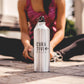 Yoga woman with metallic silver sports bottle custom promotional drinkware by curative printing