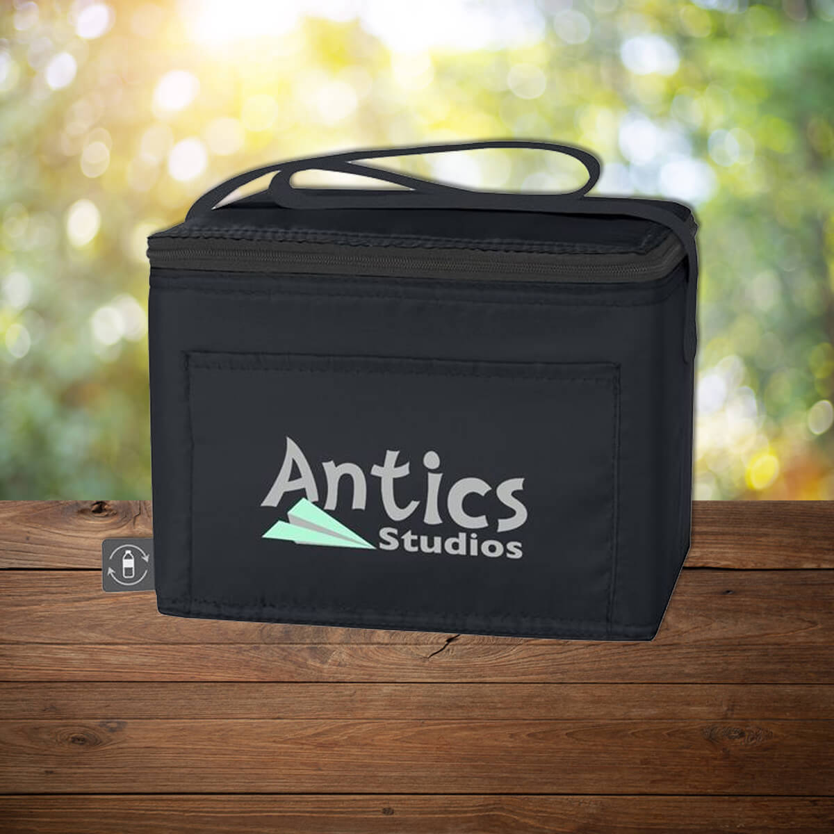 Rectangular black logo'd custom promotional lunch box cooler bags by curative printing