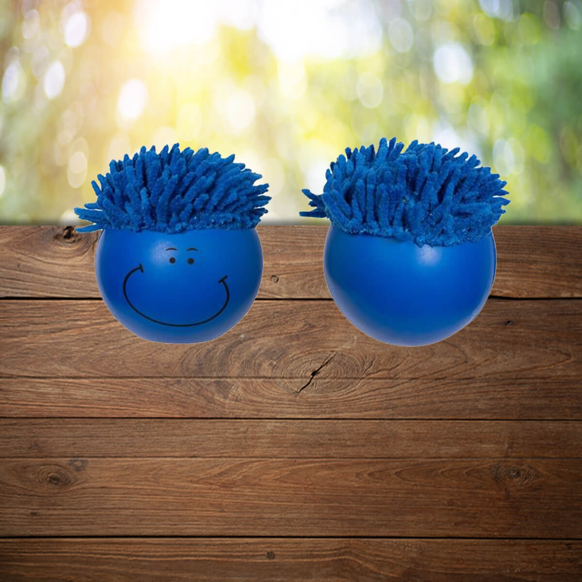 Blue smiley face with hair stress ball promotional wellness & safety by curative printing