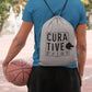 Sporty man wearing grey custom promotional drawstring bags by curative printing