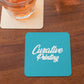 Table top with turquoise square coaster custom promotional drinkware by curative printing