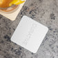 Table top with white square coaster custom promotional drinkware by curative printing