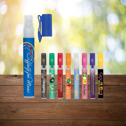 Pen sized spray bottle with logo imprint antibacterial hand sanitizer promotional wellness & safety by curative printing