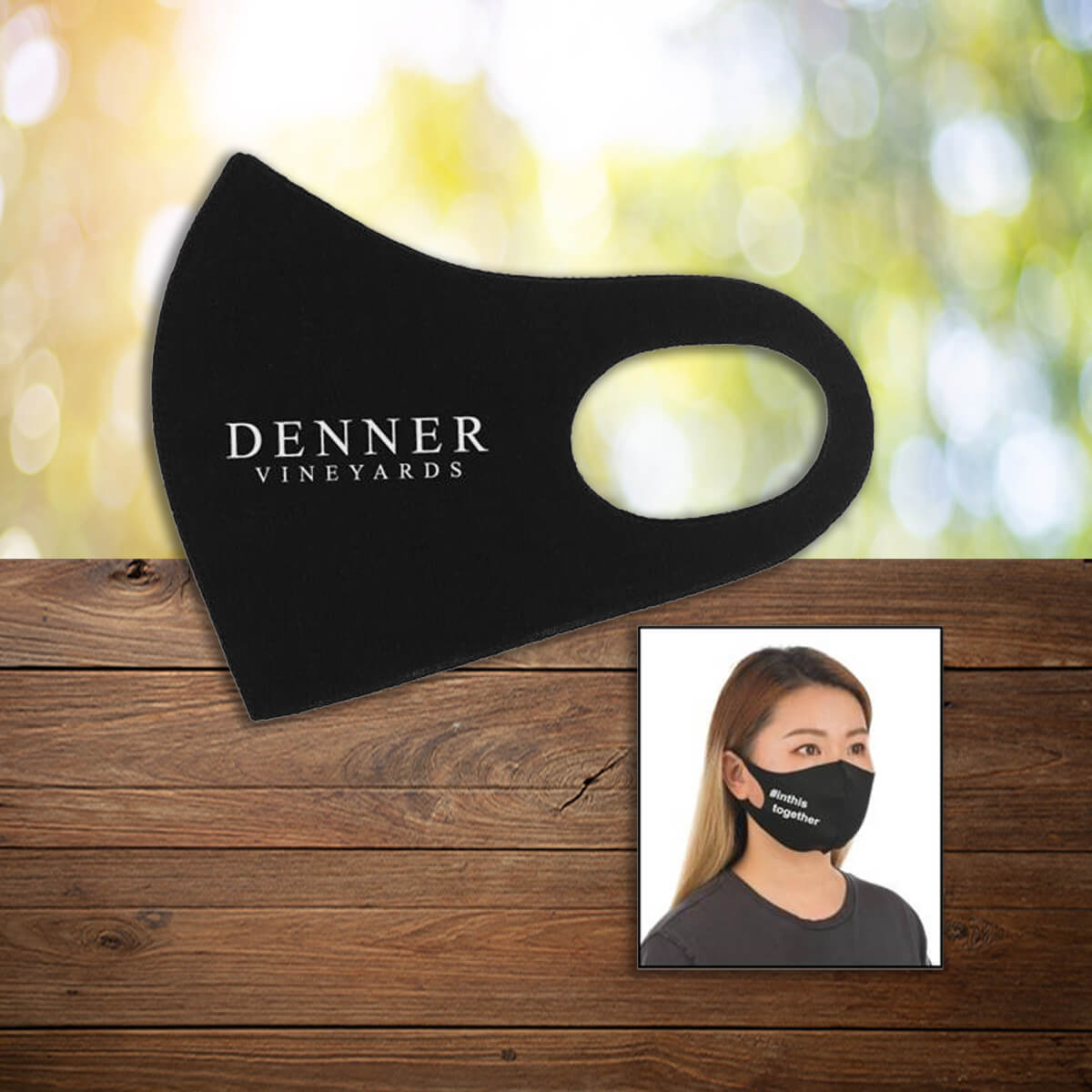 Stretchy black company branded face masks promotional wellness & safety by curative printing