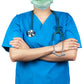 Doctor in blue custom branded scrub apparel promotional wellness & safety by curative printing