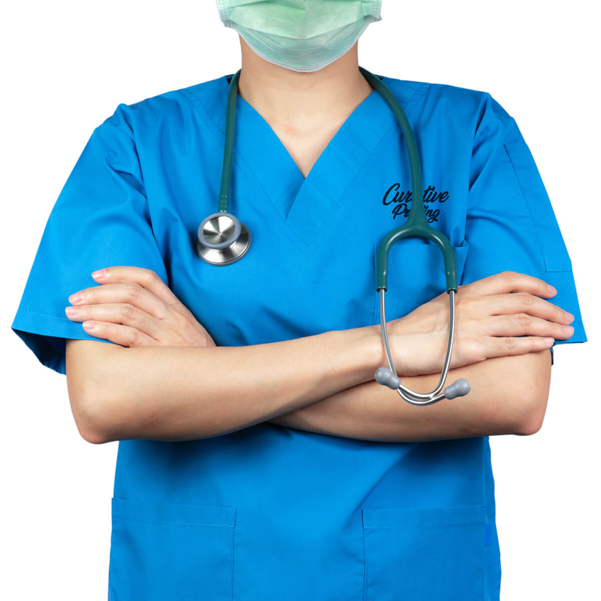 Doctor in blue custom branded scrub apparel promotional wellness & safety by curative printing