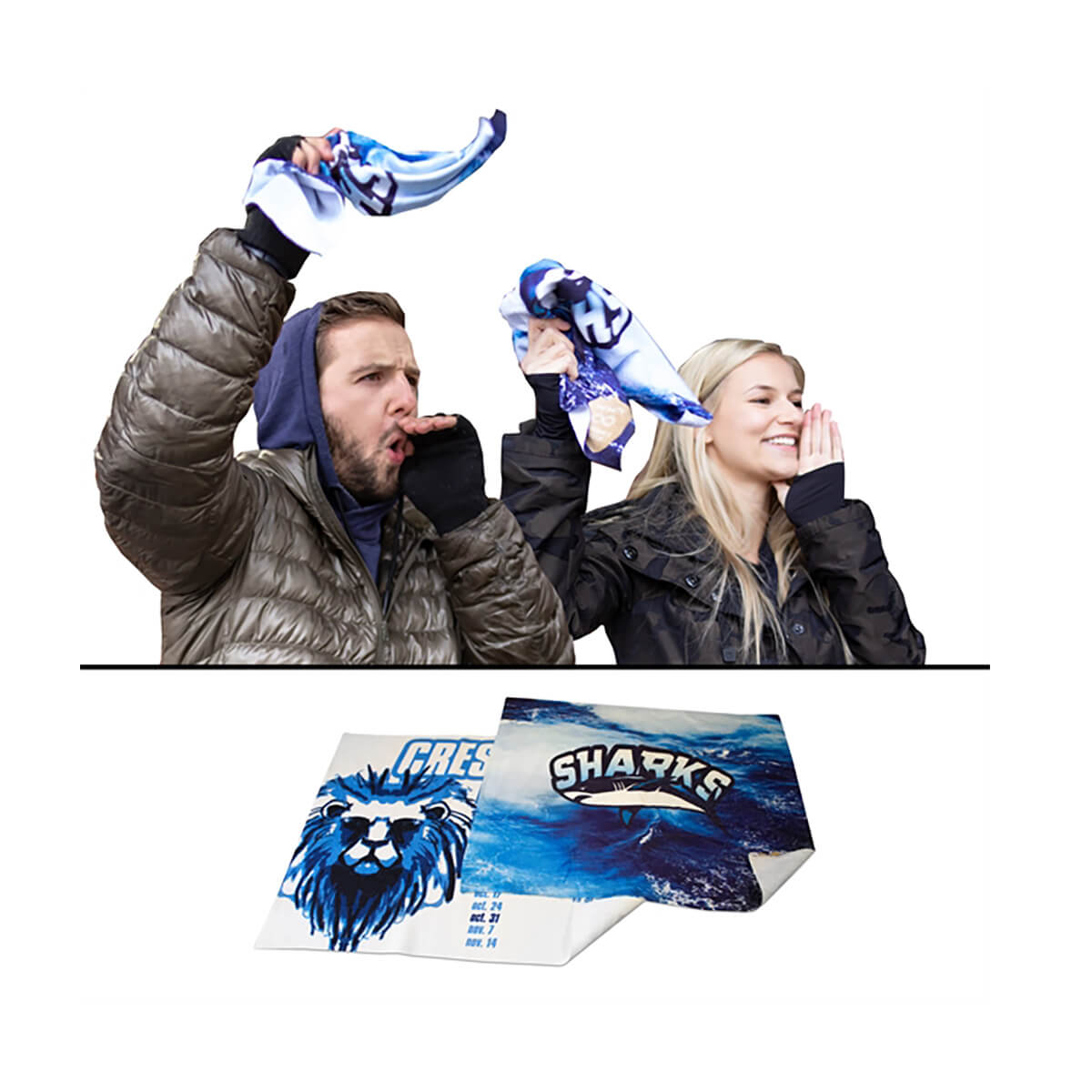 Couple of fans waving team fully sublimated imprint sports towel promotional towels by curative printing