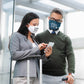 Travel companions wearing company branded face masks promotional wellness & safety by curative printing