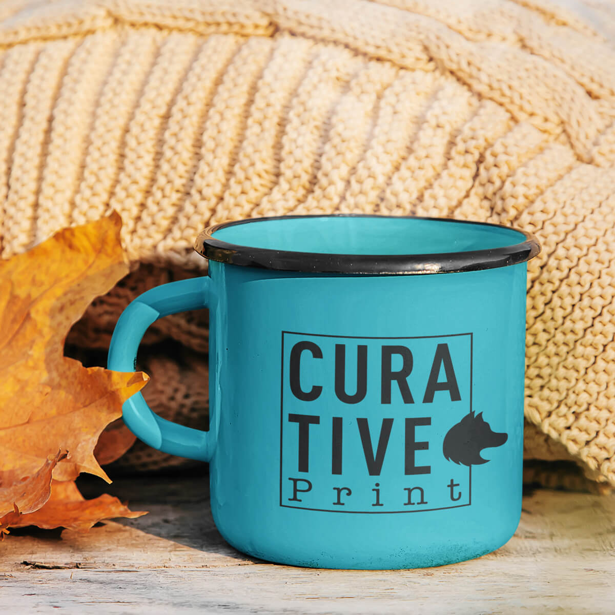 Fall scene with turquoise enamel mugs custom promotional drinkware by curative printing