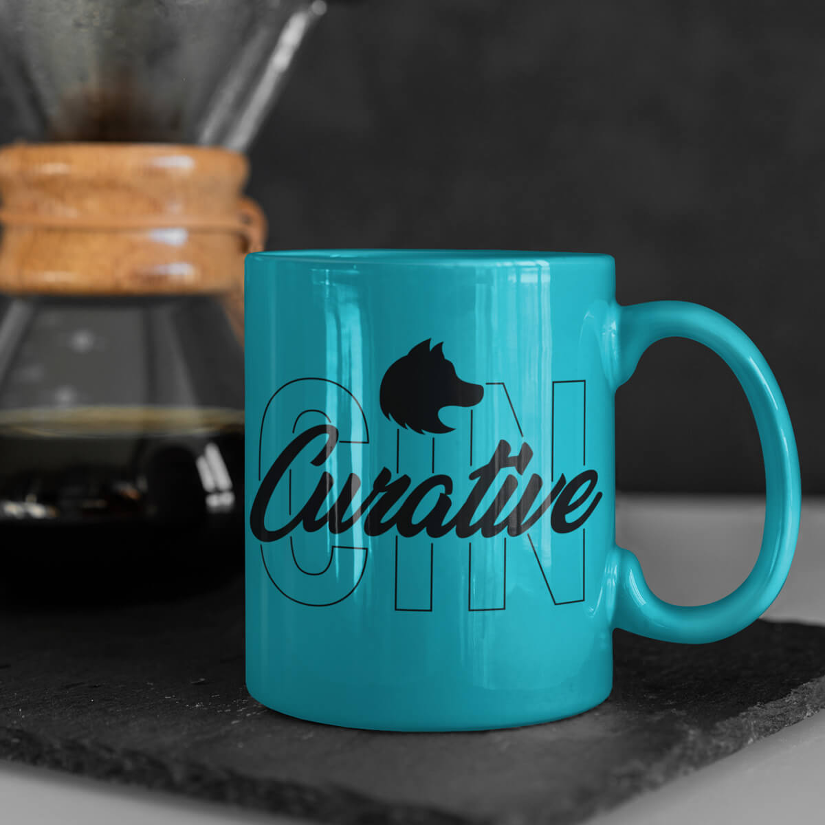 Coffee station with turquoise ceramic mugs custom promotional drinkware by curative printing