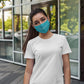 Lady wears turquoise company branded face masks promotional wellness & safety by curative printing