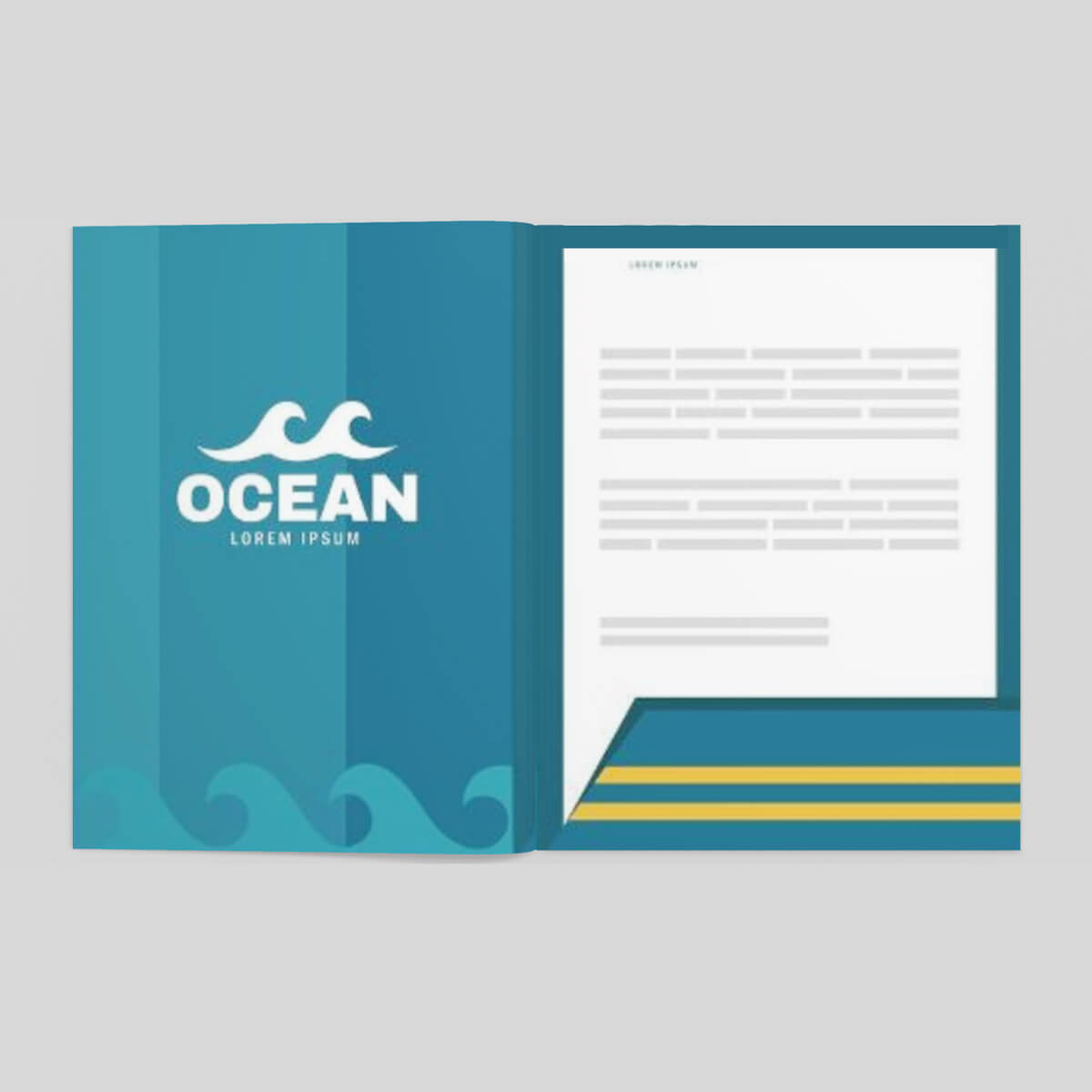 Turquoise ocean imprint paper company pocket folder custom print by Curative Printing