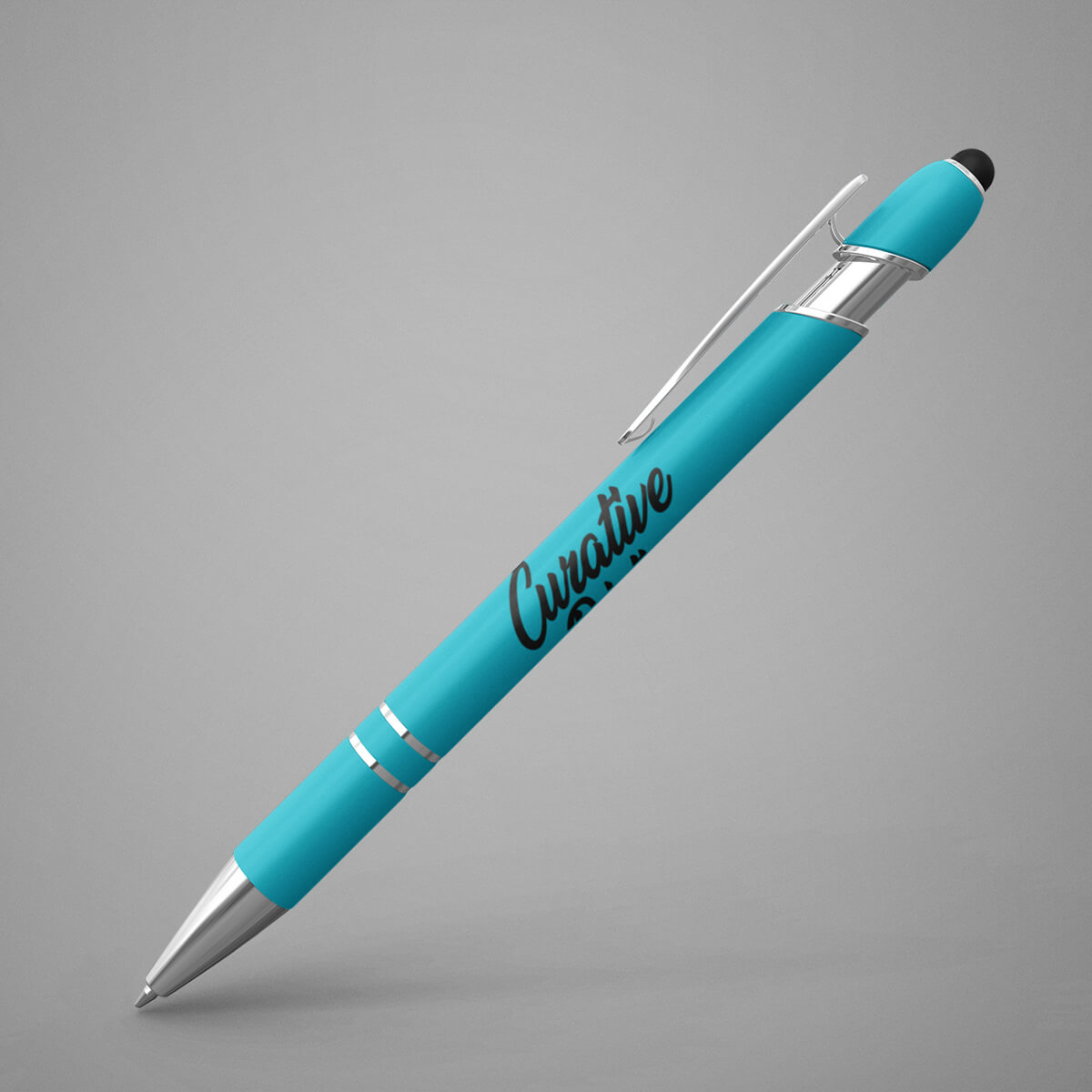 Turquoise and black imprint custom stylus pens promotional writing implements by curative printing