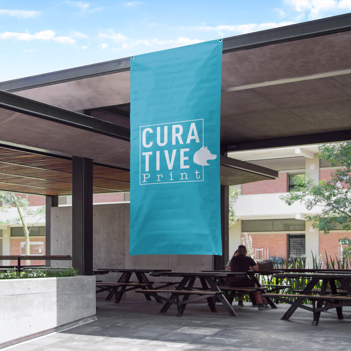 Vertical turquoise design vinyl banner and signs print by Curative Printing