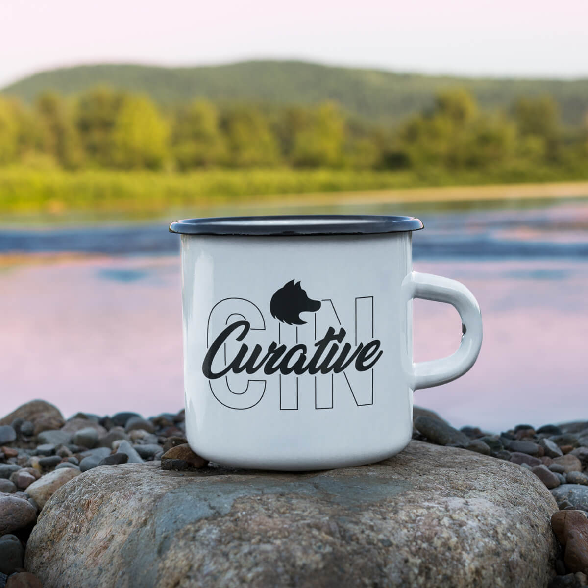 Outdoor scene with white enamel mugs custom promotional drinkware by curative printing