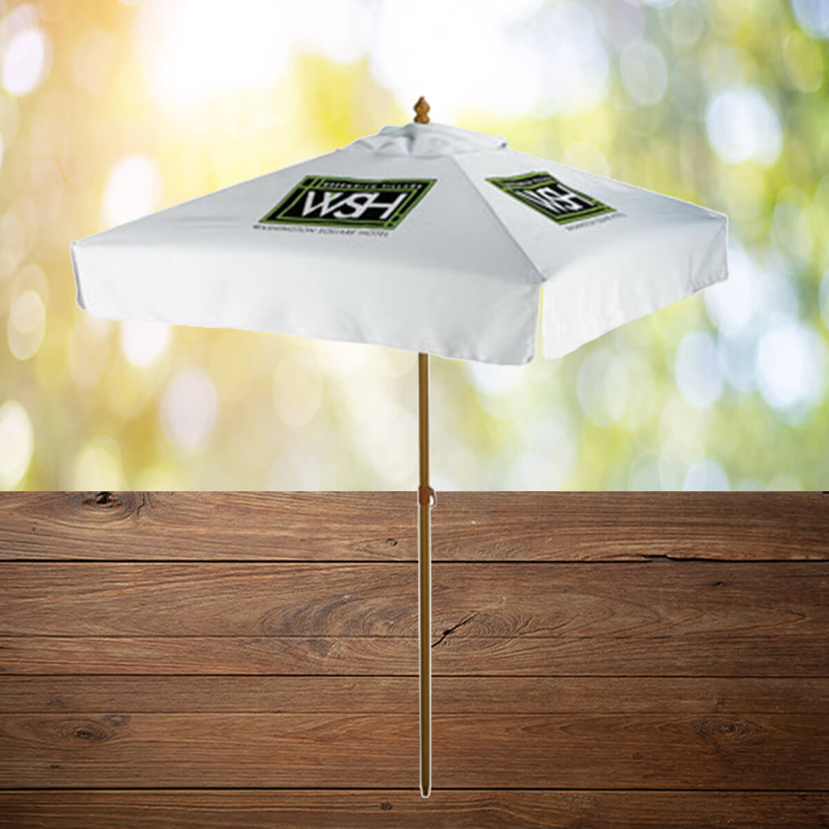 White with black logo imprint commercial patio umbrella promotional umbrellas by curative printing