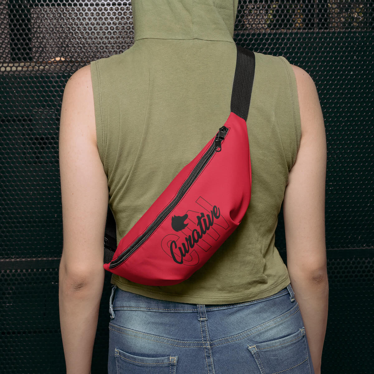 Woman wearing on back red custom promotional fanny pack bags by curative printing