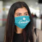 Woman wears turquoise company branded face masks promotional wellness & safety by curative printing