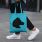 Turquoise with black imprint custom promotional tote bags by curative printing