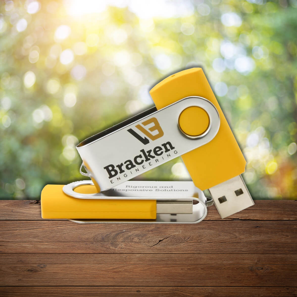 Yellow swing closure USB flash drive promotional technology by curative printing